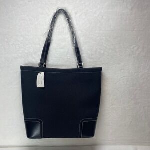 Black Canvas Leather Trim Tote Bag with Zippered Pockets NWT Work Travel Casual